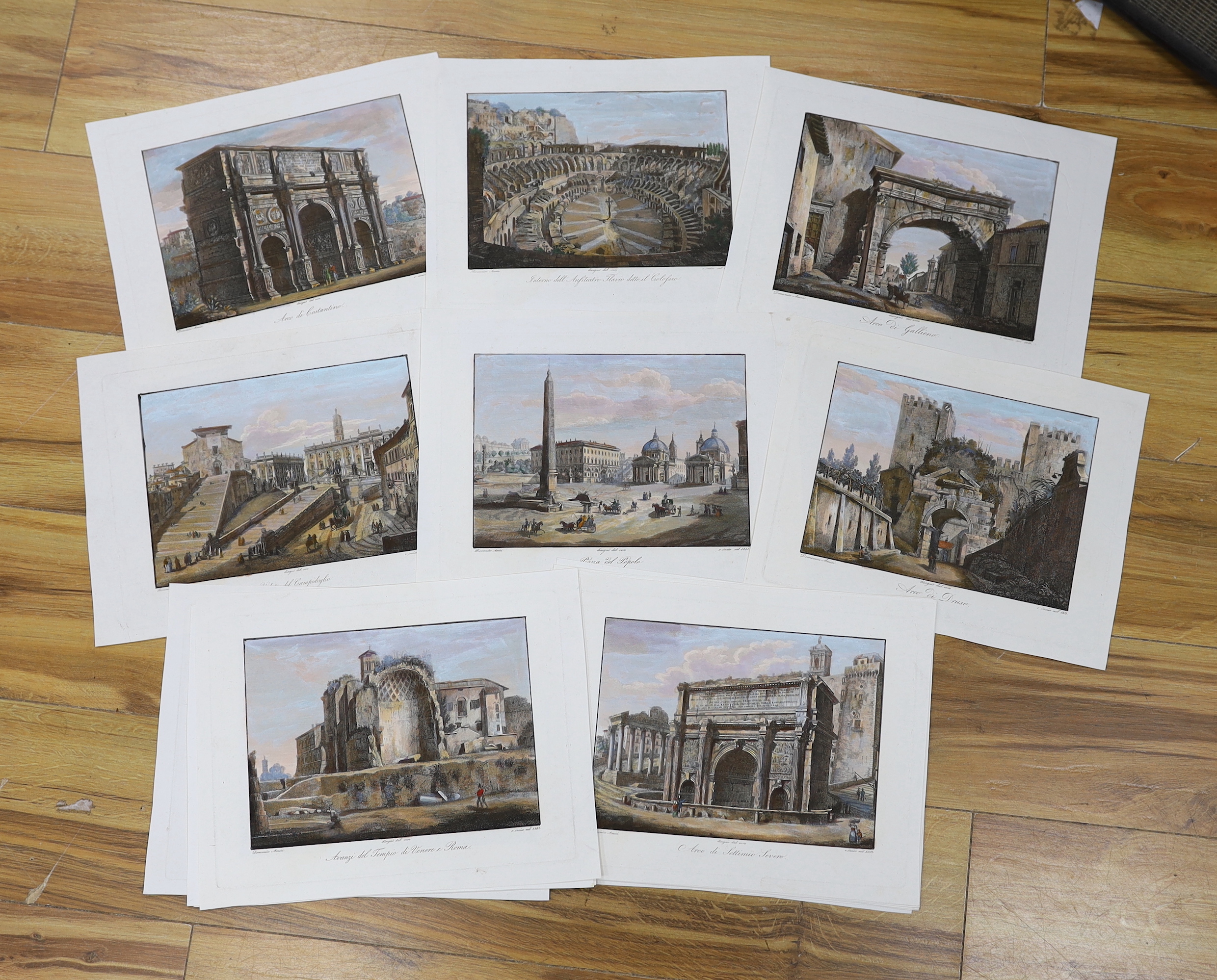 After Domenico Amici (Italian, b.1808), set of sixteen hand-coloured copper engravings, Italian monuments, each 33 x 25cm, unframed, housed in a leather wallet